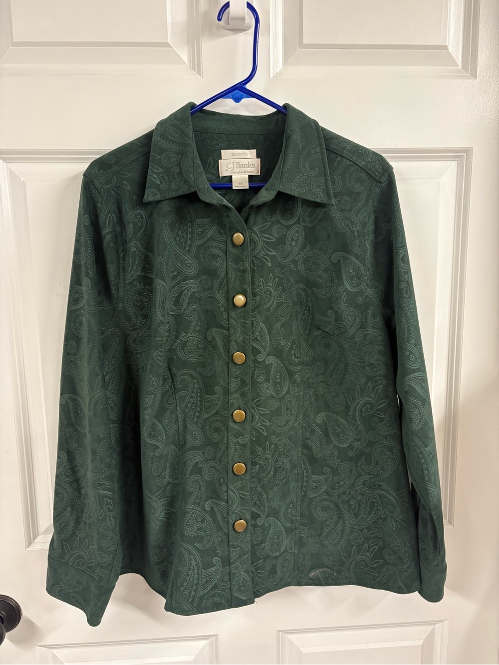 CJ Banks Green Paisley Button Up Shirt Jacket Gold Buttons Women’s Size 1X